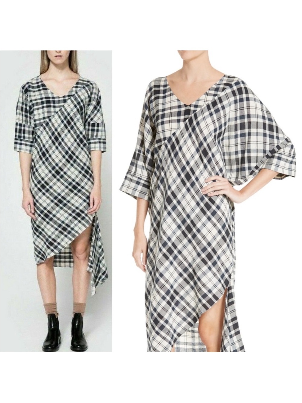 Rachel Comey Black and White Plaid Asymmetric Midi Dress
